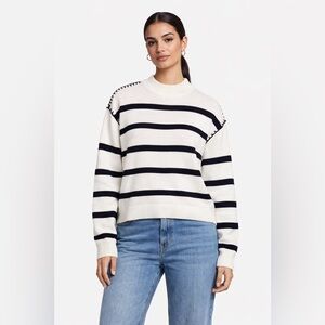 Tahari Women L/G White Black Stripe Mock‎ Neck Long Sleeve Sweater Knit Top